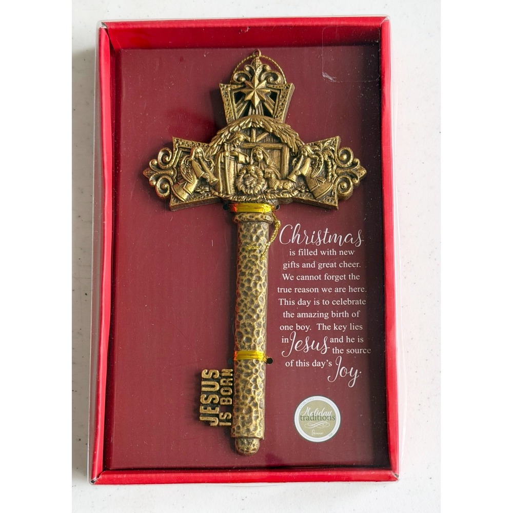 Jesus Is Born Key Cross Ornament New Resin Gold Embossed Nativity Scene 7.25" - Picture 5 of 5